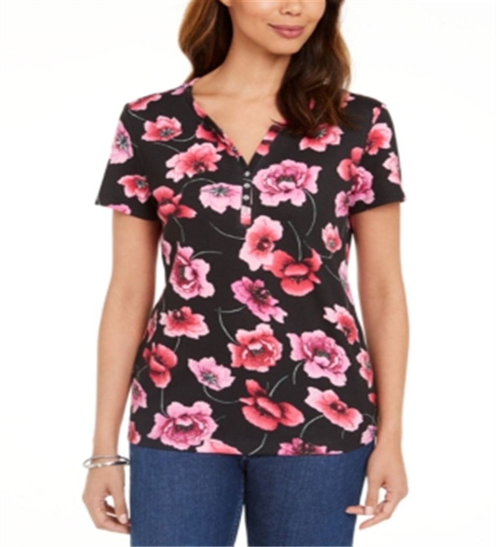 Karen Scott Women's Printed Henley Top Black Size Large