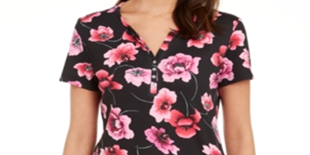 Karen Scott Women's Printed Henley Top Black Size Large