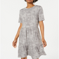 ONE CLOTHING Women's Acid Wash Short Sleeve Crew Neck Above the Knee Fit Flare Dress Gray Size X-Large
