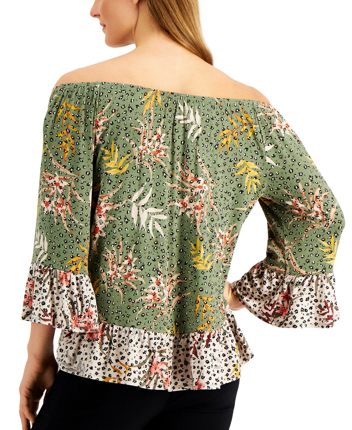 Style & Co Women's Off the Shoulder Printed Top Green Size Medium