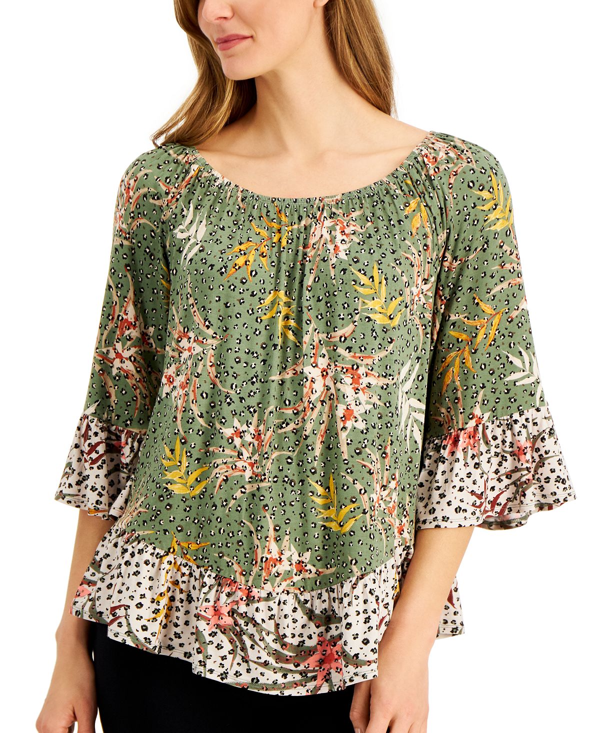 Style & Co Women's Off the Shoulder Printed Top Green Size Medium