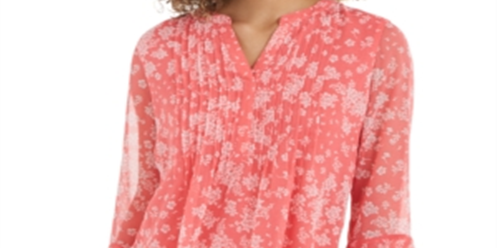 Charter Club Women's Printed Pintuck Ruffled-Sleeve Top  Red Size S