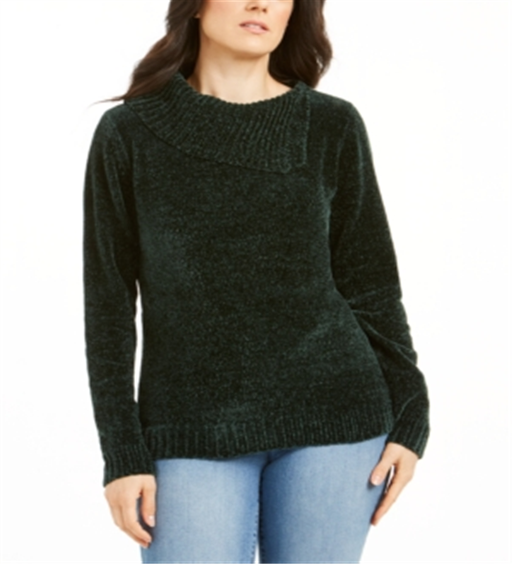 Karen Scott Women's Envelope Neck Chenille Sweater Green Size Petite