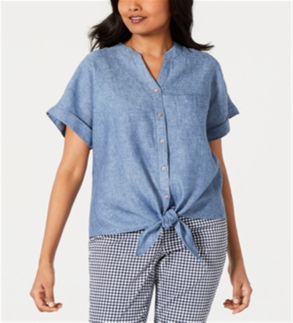 Charter Club Women's Linen Tie Front Shirt Blue Size Petite Small