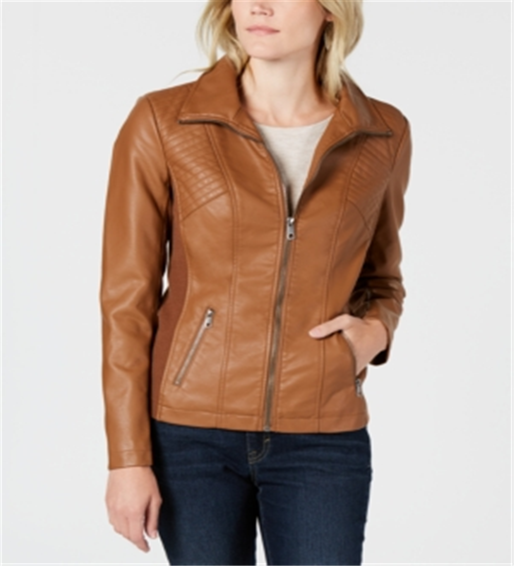 Style & Co Women's Faux Leather Moto Jacket Brown Size X-Large