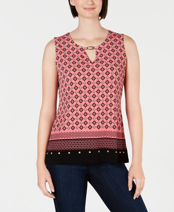 Charter Club Women's Printed Keyhole Neck Top Pink Size Small