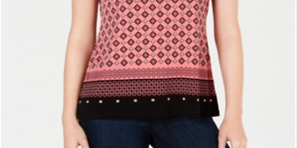 Charter Club Women's Printed Keyhole Neck Top Pink Size Small