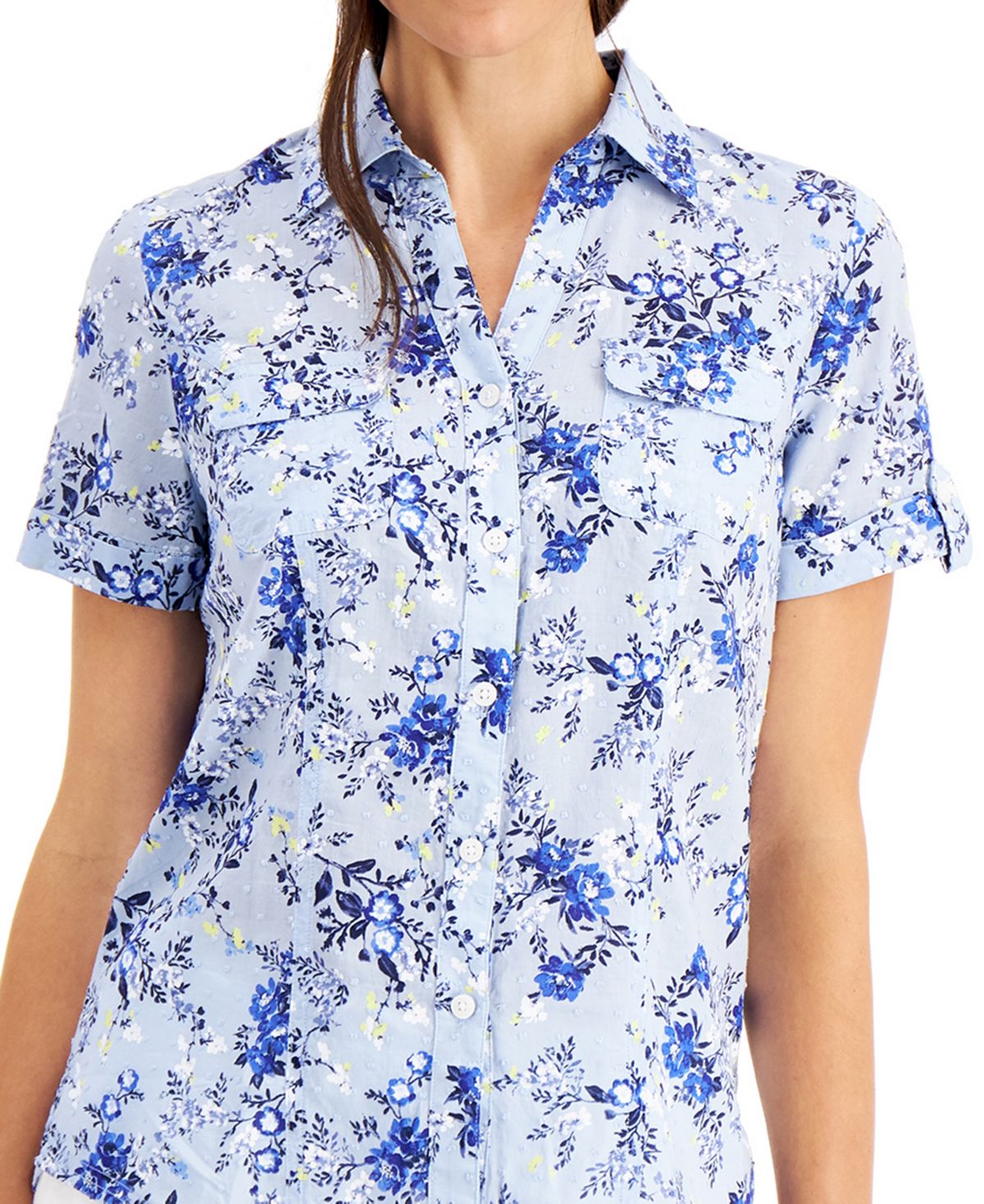Karen Scott Women's Tuscan Garden Cotton Shirt Blue Size Petite Large
