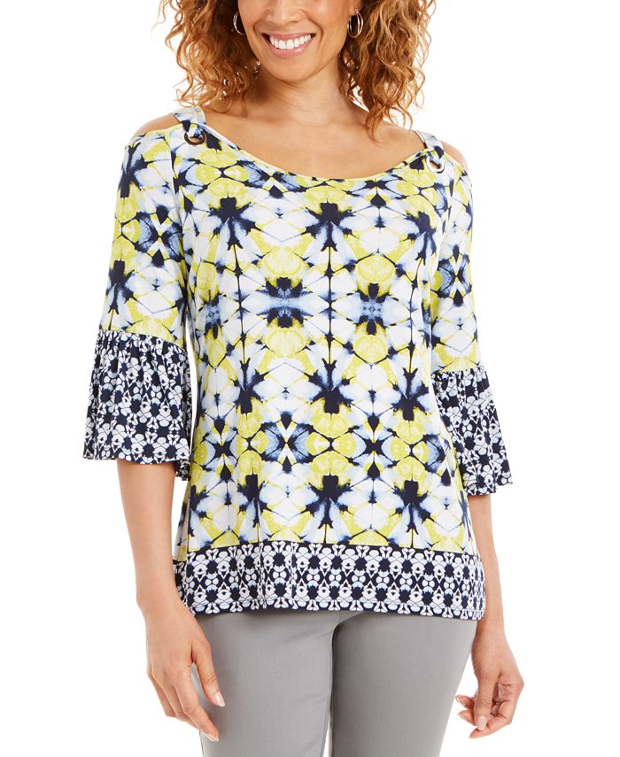 JM Collection Women's Printed Cold Shoulder Top Blue Size Petite X-Large