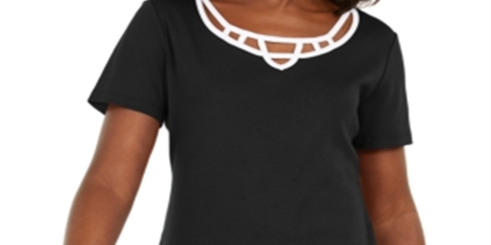 Karen Scott Women's Cotton Lattice Trim Top Black- Size PP