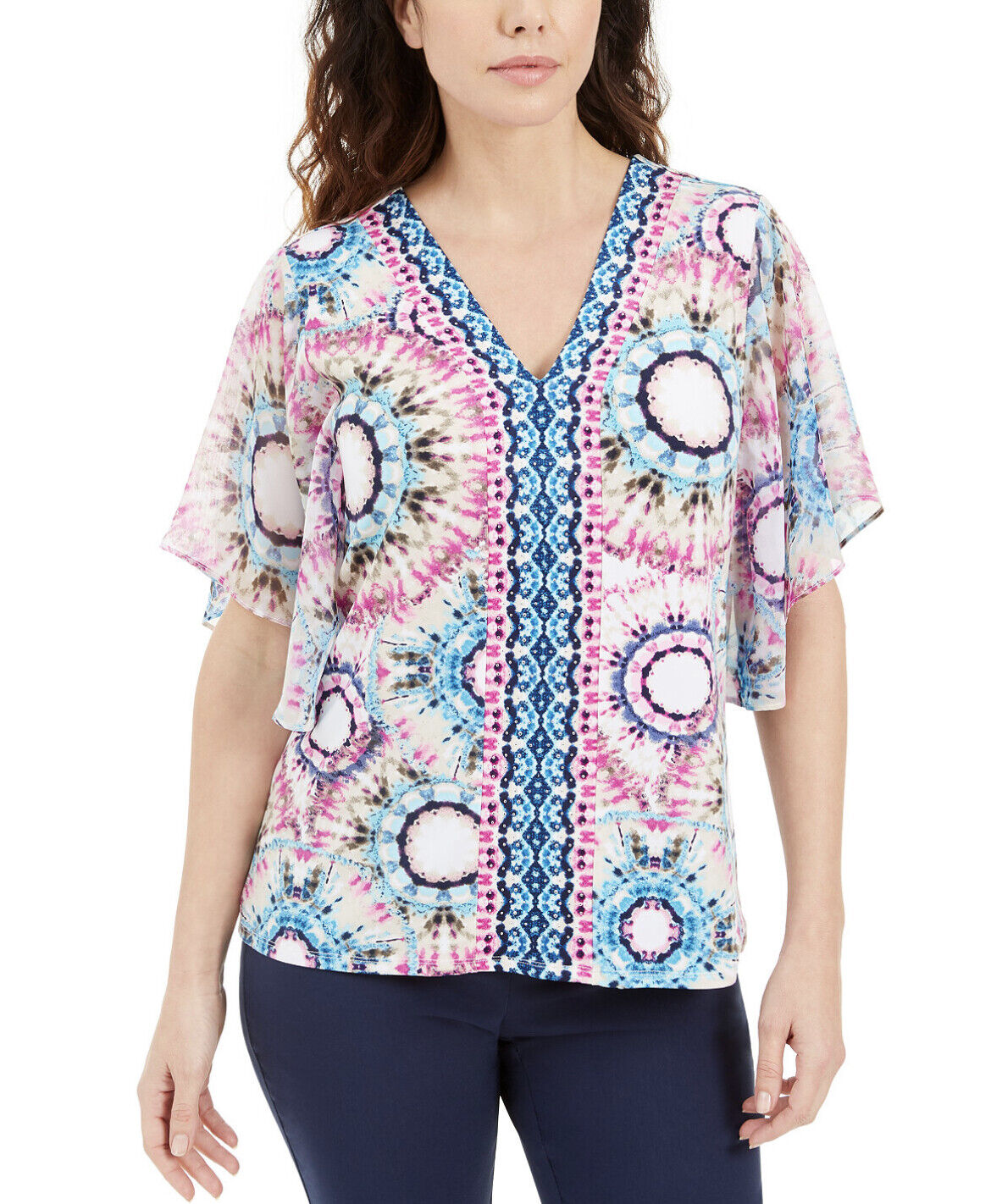 JM Collection Women's Flutter Sleeve Top  Blue Size Petite Medium