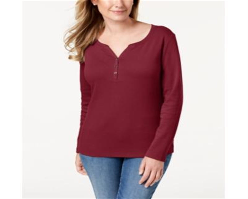 Karen Scott Women's  Cotton Henley Top Red Size Large