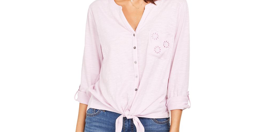 Style & Co Women's Cotton Embroidered Tie Hem Shirt Pink Size Petite Small