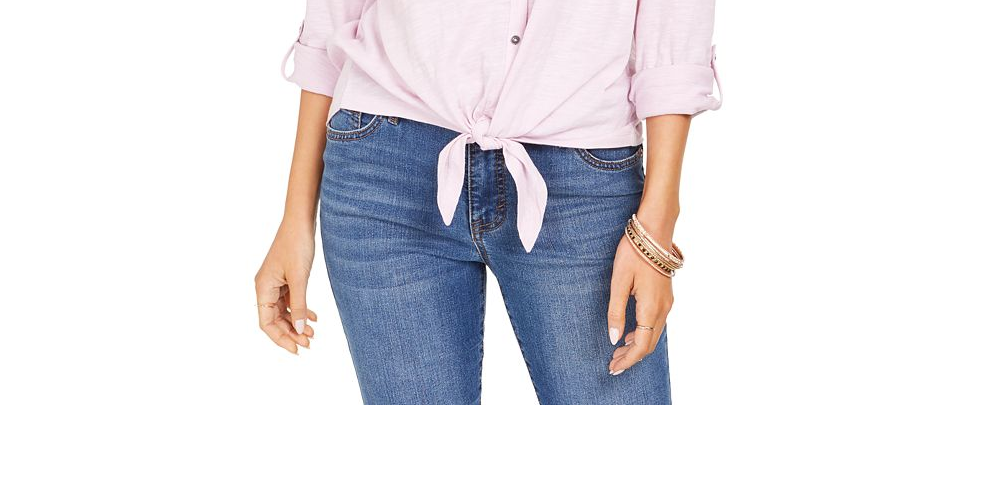 Style & Co Women's Cotton Embroidered Tie Hem Shirt Pink Size Petite Small