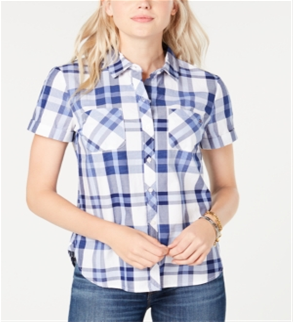 Tommy Hilfiger Women's Cotton Plaid Camp Shirt Blue Size Small