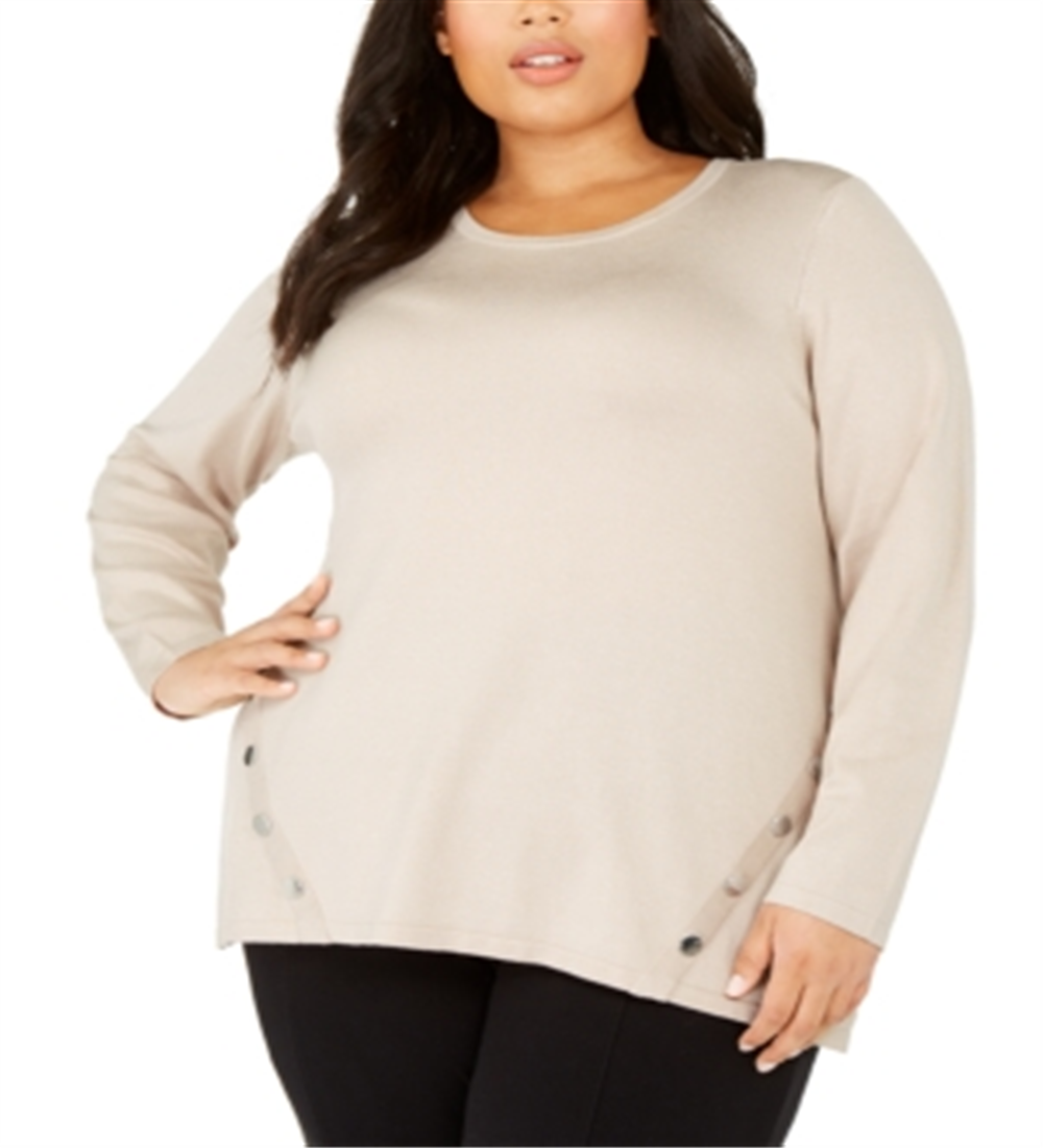 Alfani Women's Plus Round Neck Button Hem Sweater Brown Size 2X