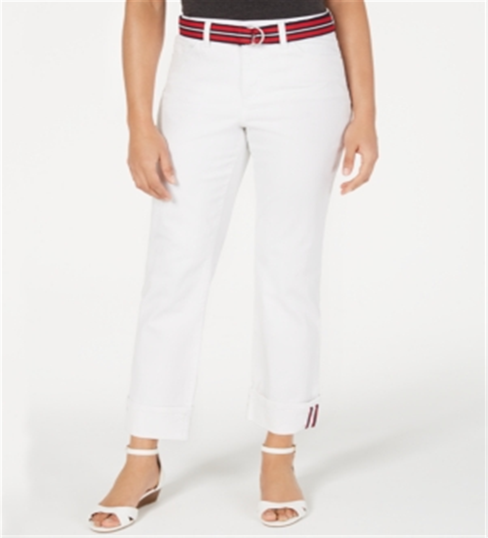 Charter Club Women's Belted Tummy Control Cuffed Jeans White Size 10