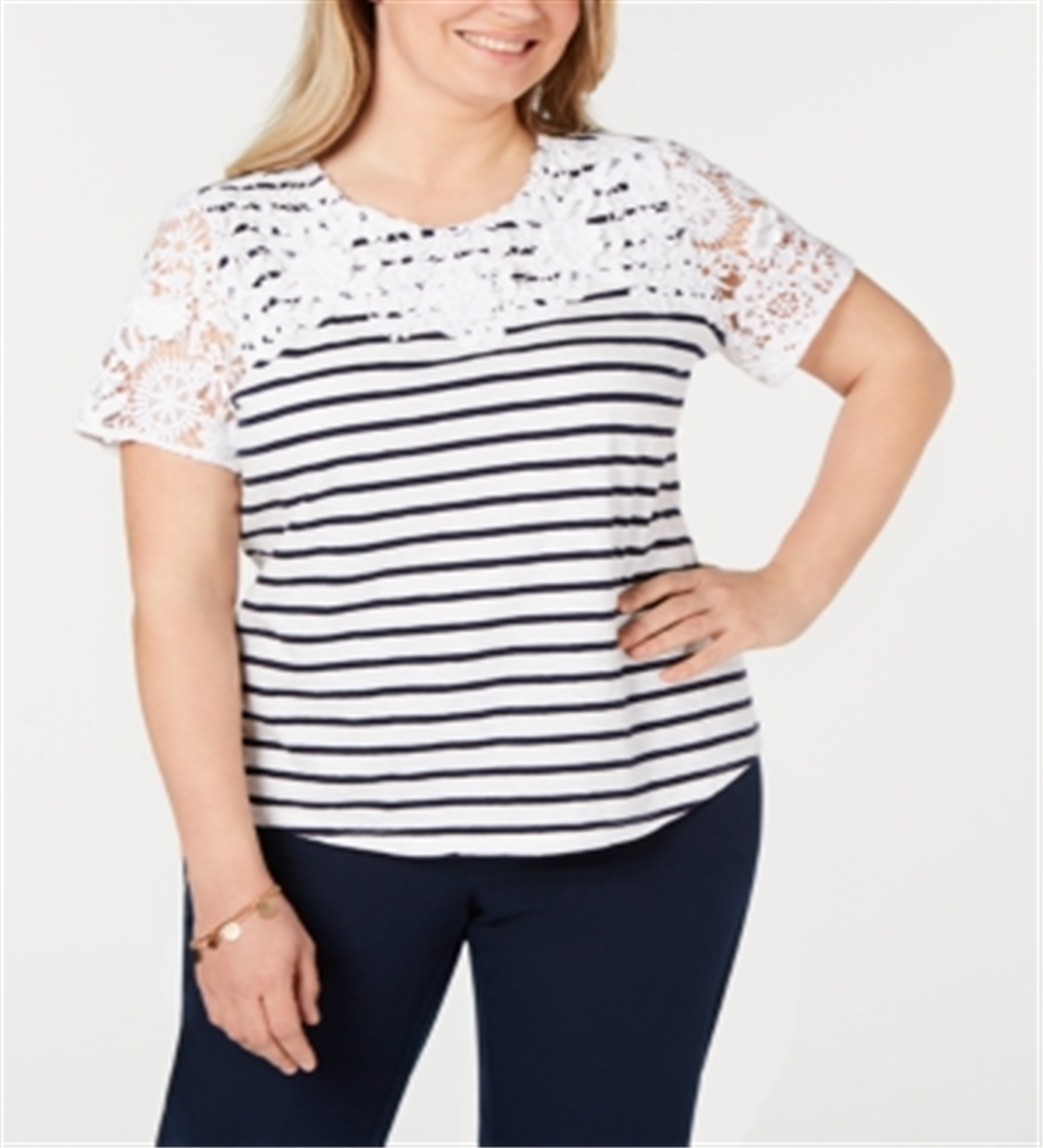 Charter Club Women's Plus Embroidered Striped T-Shirt White Size 2X