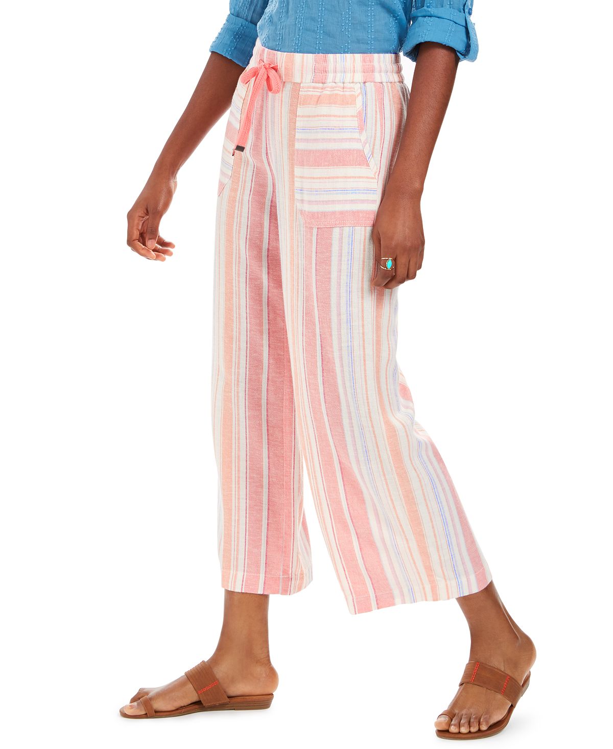 Style & Co Women's Striped Linen Cropped Pants Pink Size XXL