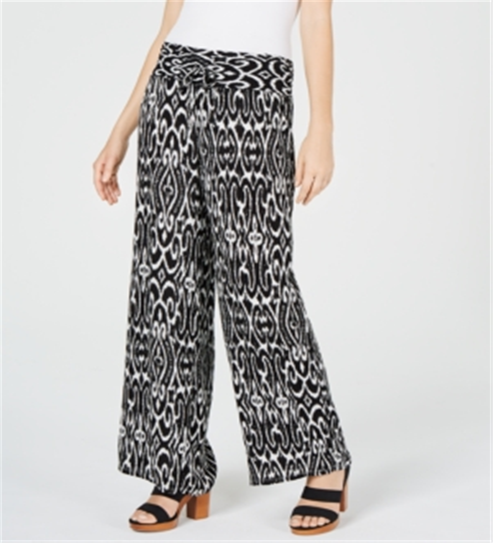 INC International Concepts Women's Ikat-Print Crinkle Gauze Pants Black Size Petite XL