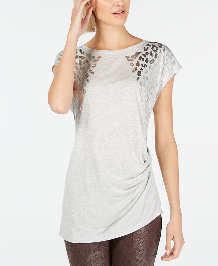 INC Women's Foil Animal-Print T-Shirt  Hthr Belle Grey  Size XL