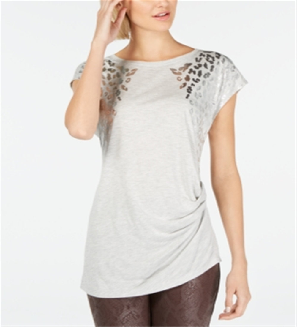 INC Women's Foil Animal-Print T-Shirt  Hthr Belle Grey  Size XL