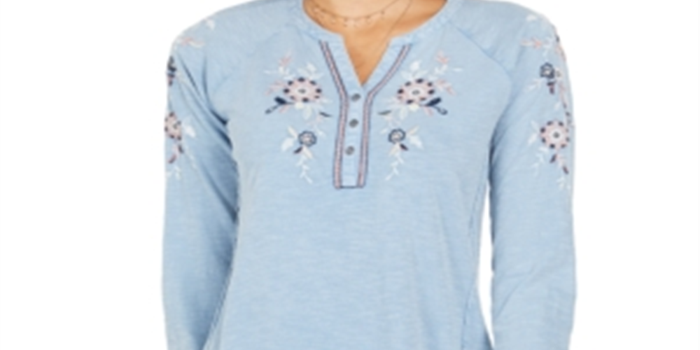Style & Co Women's Cotton Embroidered Split Neck Top Blue Size Petite S