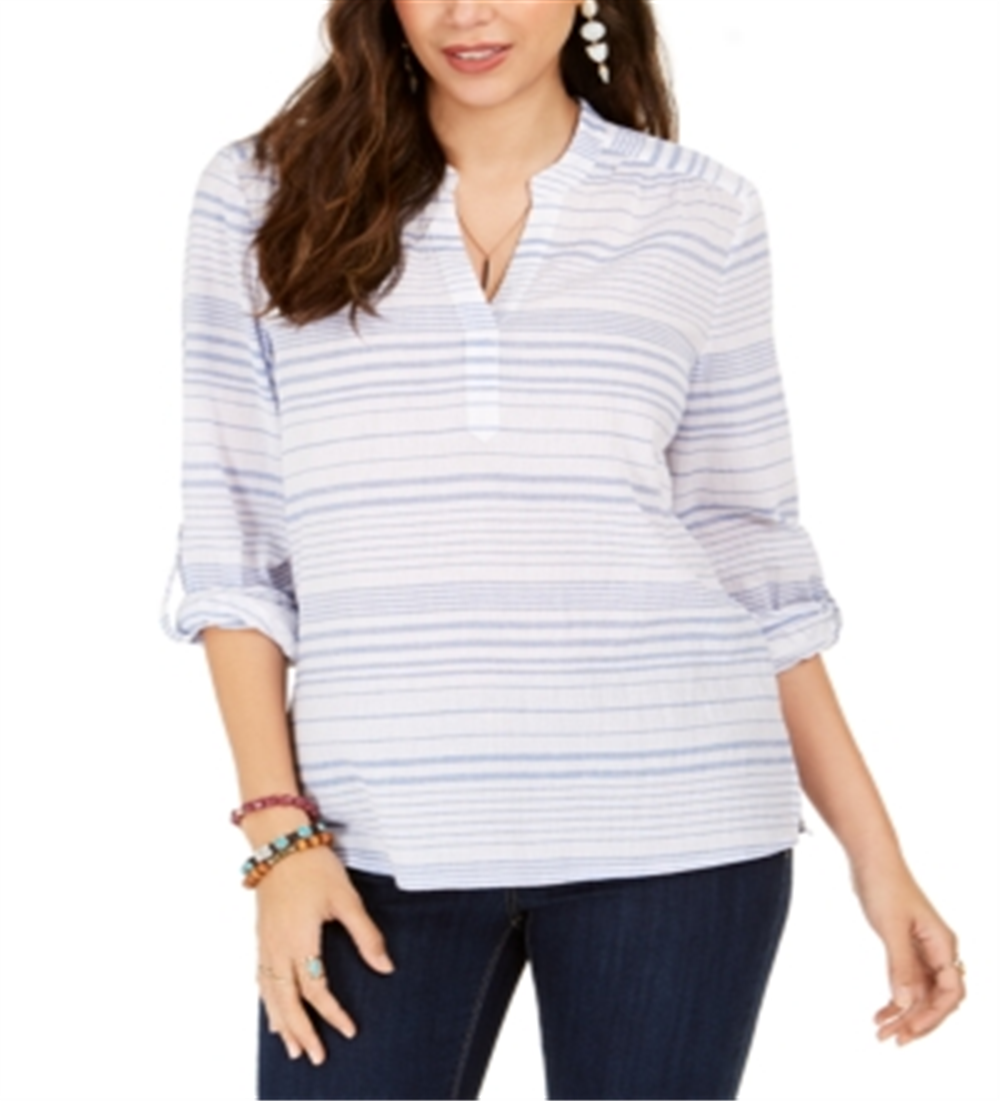 Style & Co Women's Striped Split Neck Top Blue Size Small