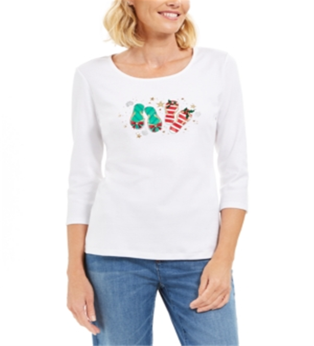 Karen Scott Women's Cotton 3/4 Sleeve Scoop Neck Holiday Top White Size X-Small