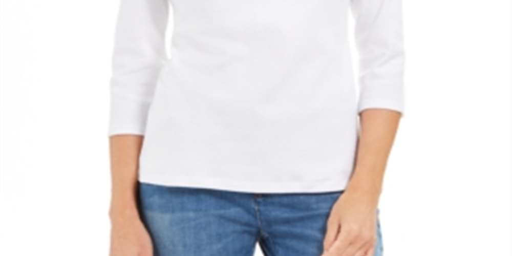 Karen Scott Women's Cotton 3/4 Sleeve Scoop Neck Holiday Top White Size X-Small