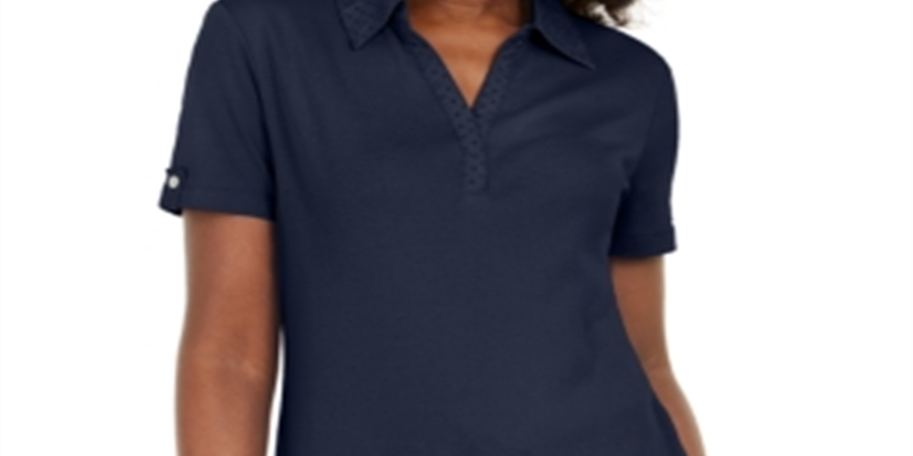 Karen Scott Women's Cotton Eyelet Collar Top Blue Size Large