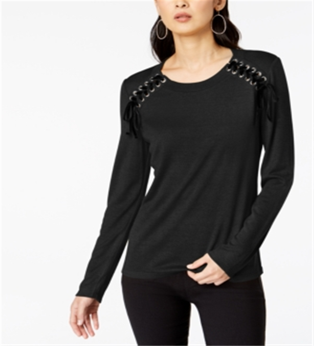 INC Women's Ribbon Laced Sweatshirt Black Size Petite L