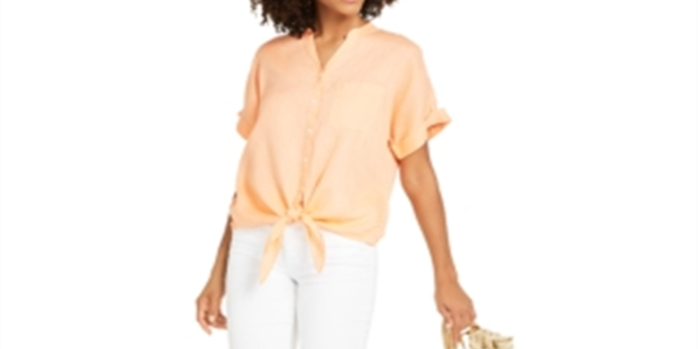Charter Club Women's Linen Tie Front Button up Shirt Orange Size XX-Large