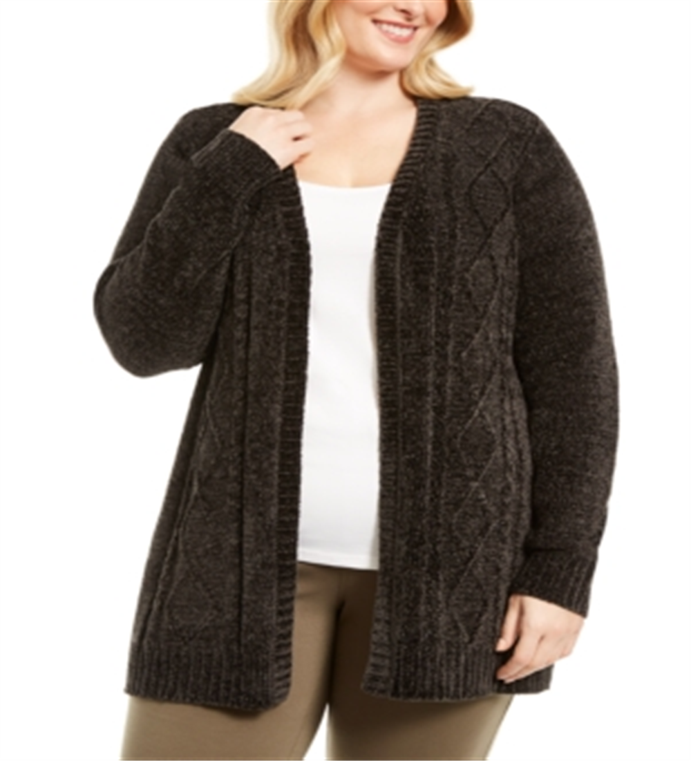 Karen Scott Women's Plus Open Front Chenille Cardigan Black Size 2X
