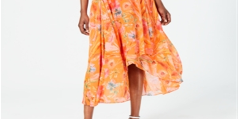 Calvin Klein Women's Floral Print High Low Wrap Maxi Dress Orange Size 8