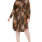 Alfani Women's Animal Print Long Sleeve Collared Below the Knee Sheath Dress Brown Size 20W