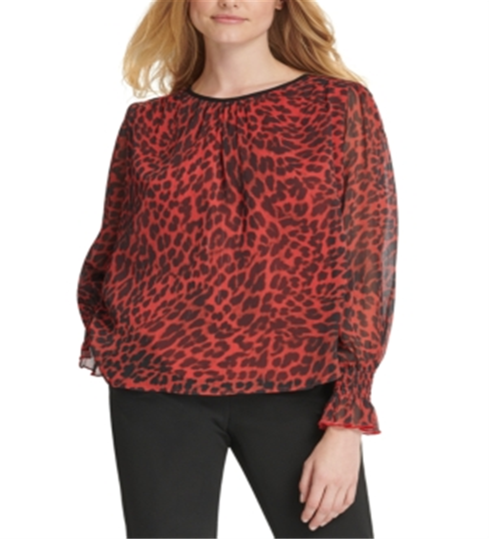 dkny-womens-zippered-animal-print-long-sleeve-jewel-neck-blouse-top-red-size-xl