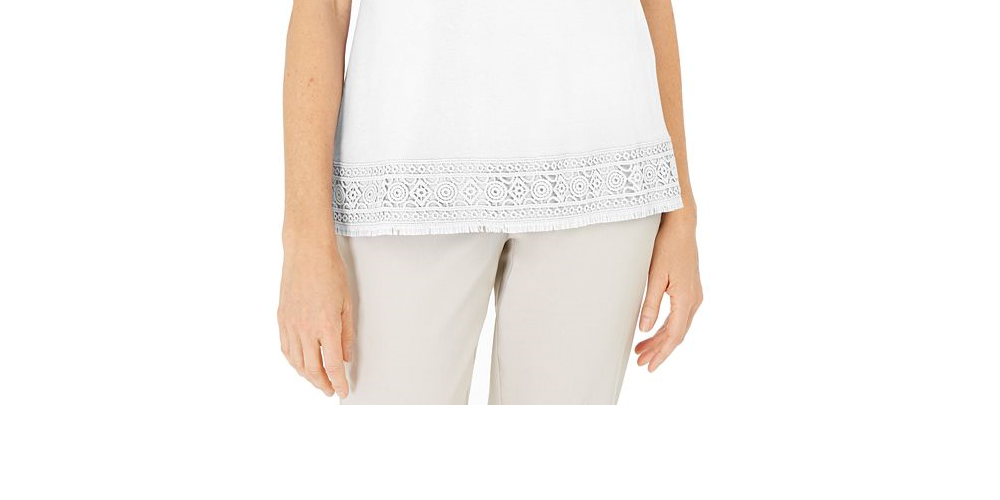 Karen Scott Women's Cotton Crochet Fringed Top White Size M