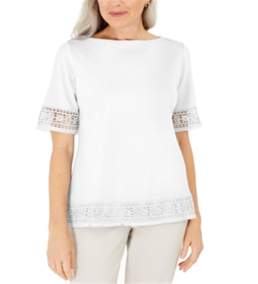 Karen Scott Women's Cotton Crochet Fringed Top White Size M