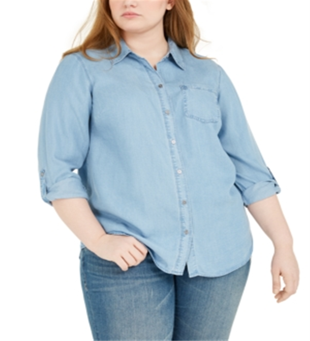 Style & Co Women's Plus Chambray Button up Shirt Blue Size 4X