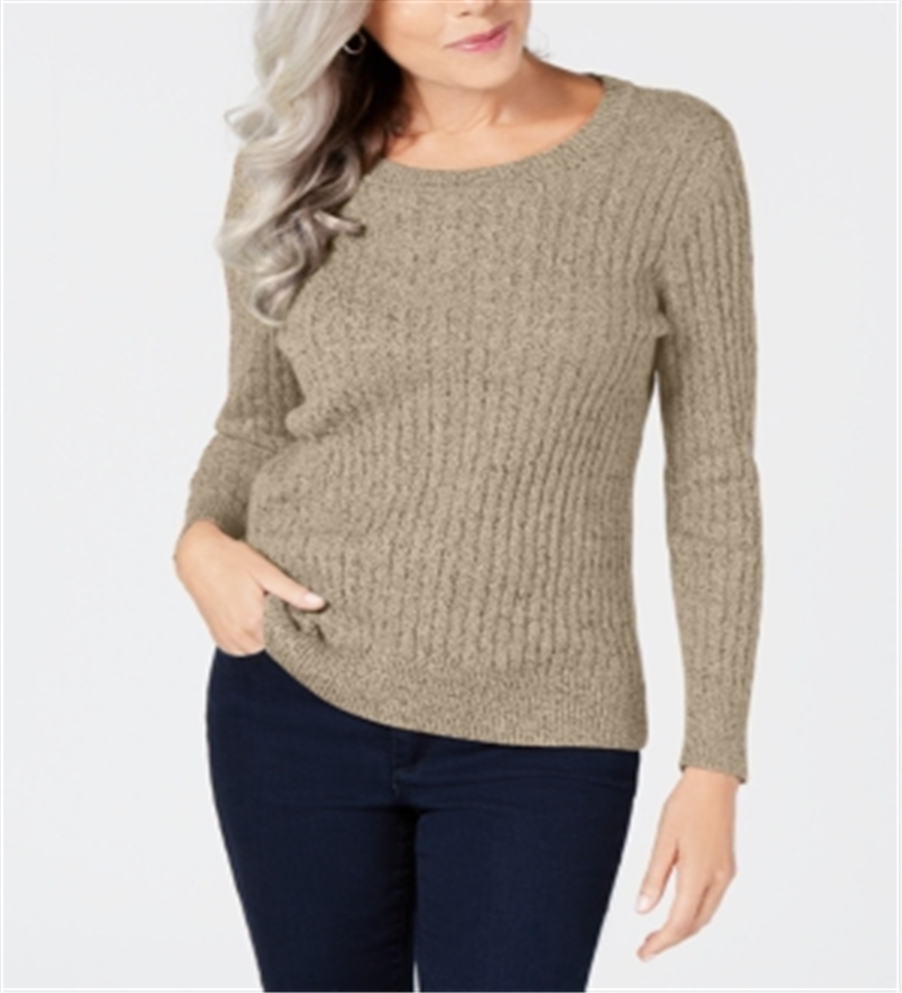 Karen Scott Women's Marled Cotton Cable Knit Sweater Brown Size Petite S/M