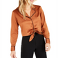 Bar III Women's Tie Front Satin Top Orange Size Small