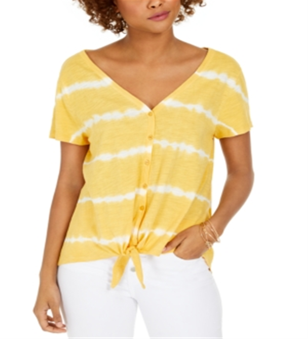Style & Co Tie-Dye Tie-Front Top Yellow Size XS