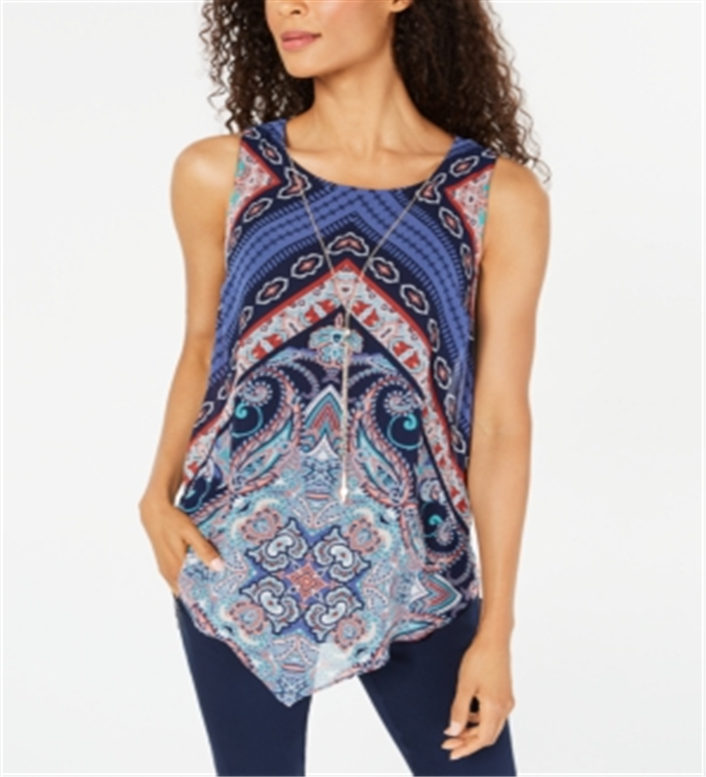 JM Collection Women's Printed Pointed Hem Top Blue Size Petite L