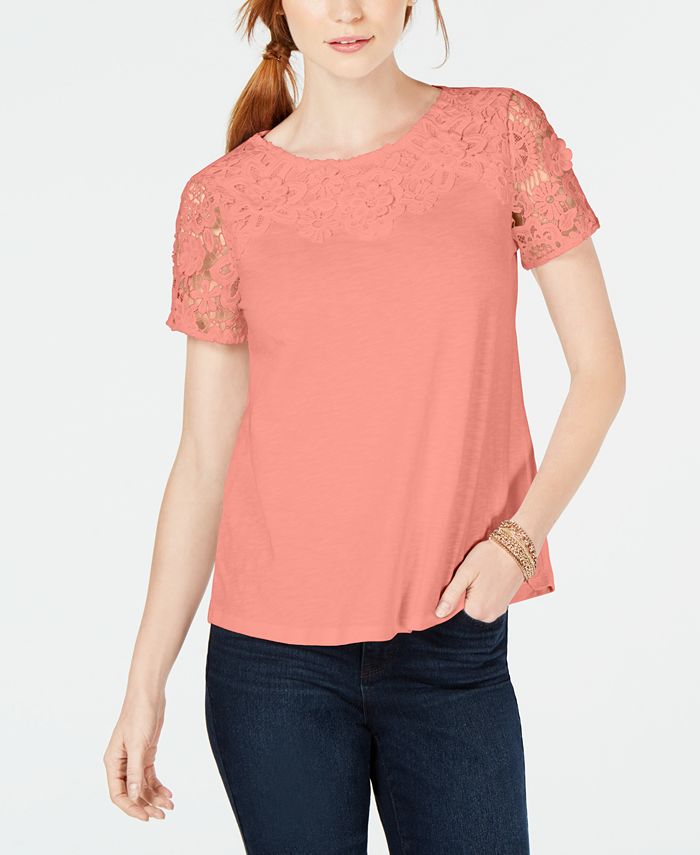 Charter Club Women's Cotton Embroidered T-Shirt Orange Size Petite L
