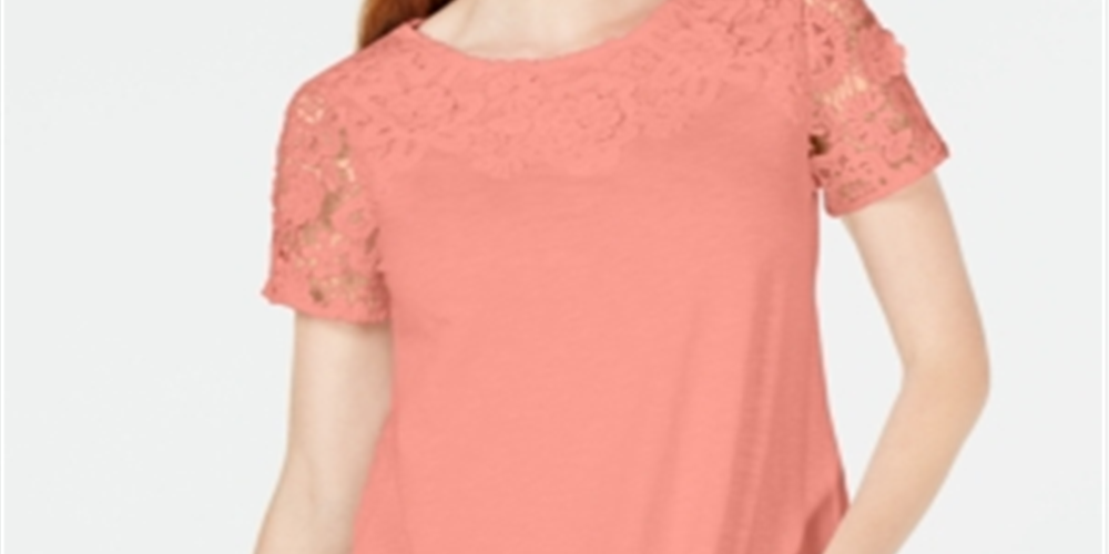 Charter Club Women's Cotton Embroidered T-Shirt Orange Size Petite L
