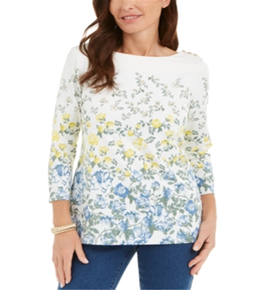 Charter Club Women's Floral Print Boat Neck Top White Size Small