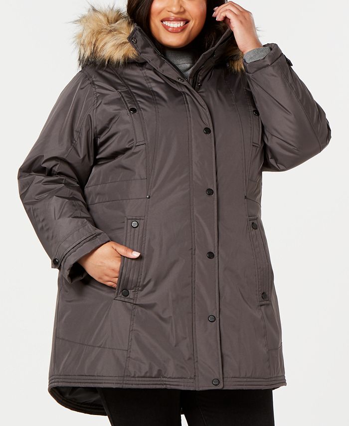 Madden Girl Women's Plus Hooded Faux Fur Trim Parka Gray Size 3XL