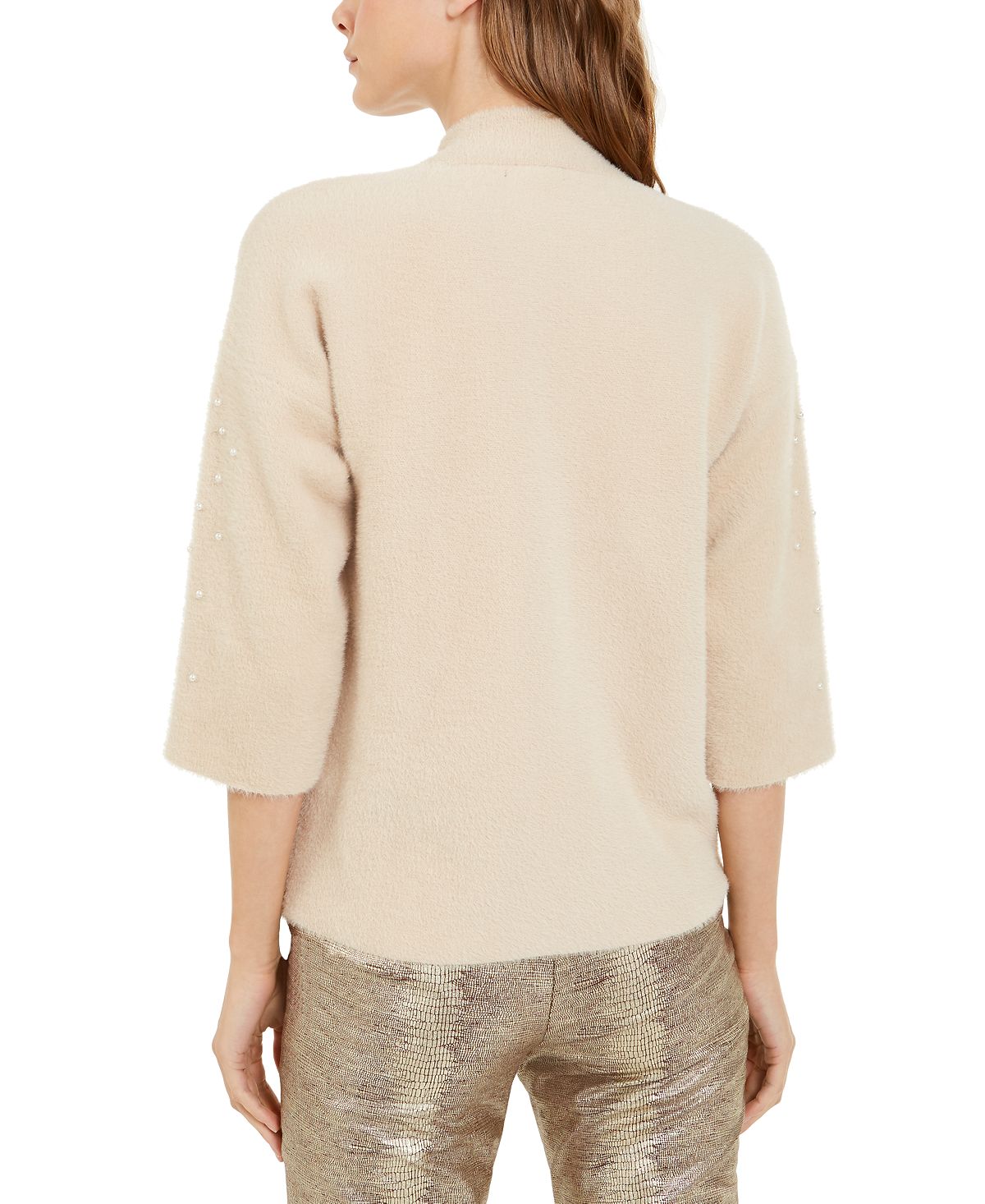 Alfani Women's Scattered Faux Pearl Sweater Brown Size Petite S/M