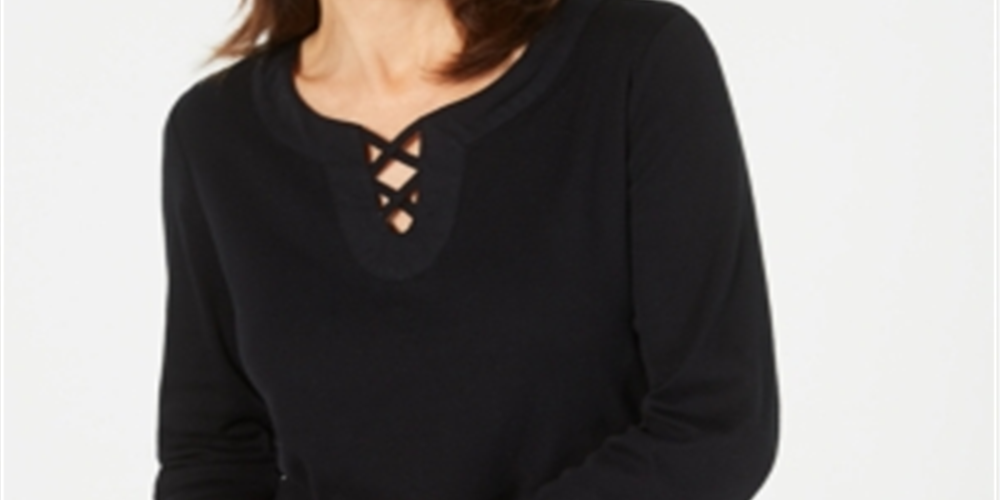 Karen Scott Women's Cotton Lace up Top Black Size Petite S/M